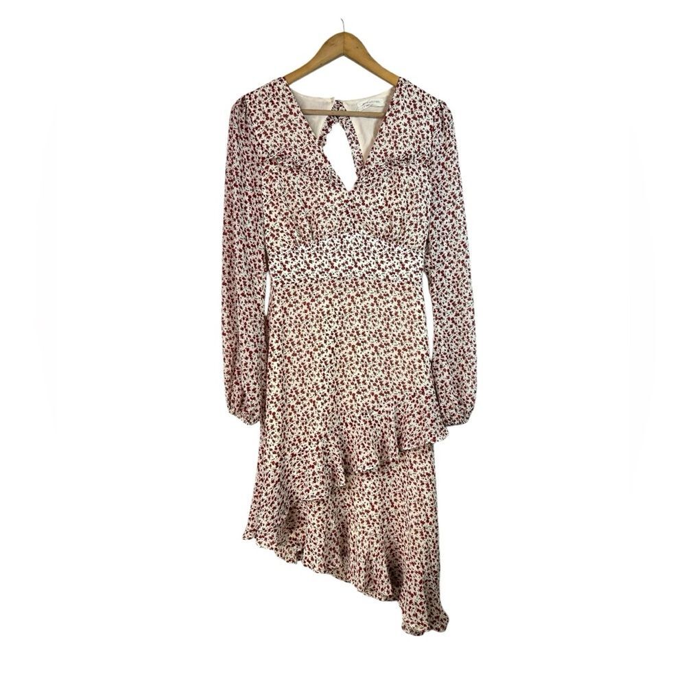 Urban Outfitters White Red Floral Caterina Chiffon Asymmetrical Ruffle Dress S